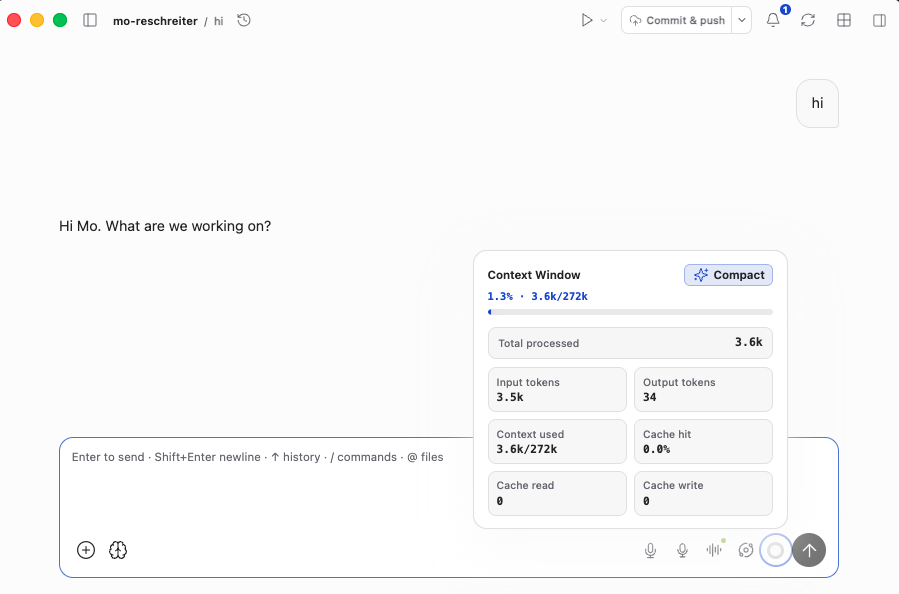 CircaCode context window usage showing 3.6k tokens processed on turn zero from a simple greeting